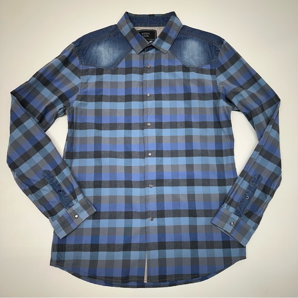 Morse Code Men’s Button Down Plaid Denim Shoulder Patch Long Sleeve Shirt Size L - Picture 1 of 8